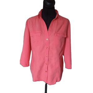 Chaus Women's 6 Orange Linen Blend Button Up Roll Tab Blouse